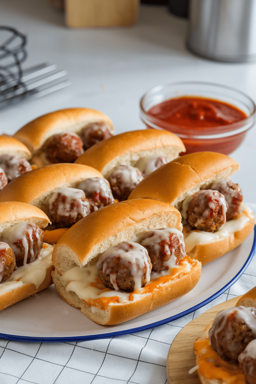 An indoor kitchen table with a platter of small sub rolls each holding two glazed turkey meatballs, melted cheese draping over the sides, marinara bowl nearby. No text or logos visible.