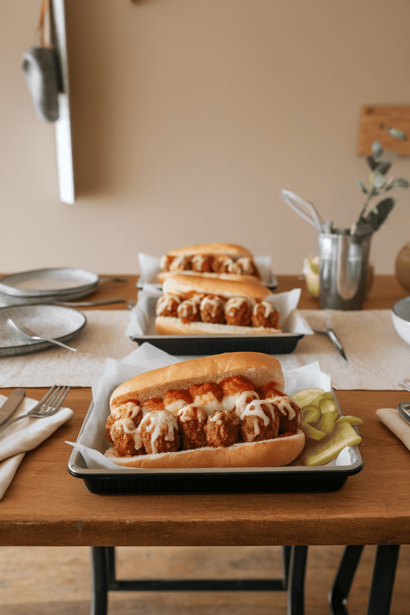 Indoor dining table with sub rolls filled with saucy baked meatballs and melted cheddar, a few pickle chips on the side; no text or logos visible.
