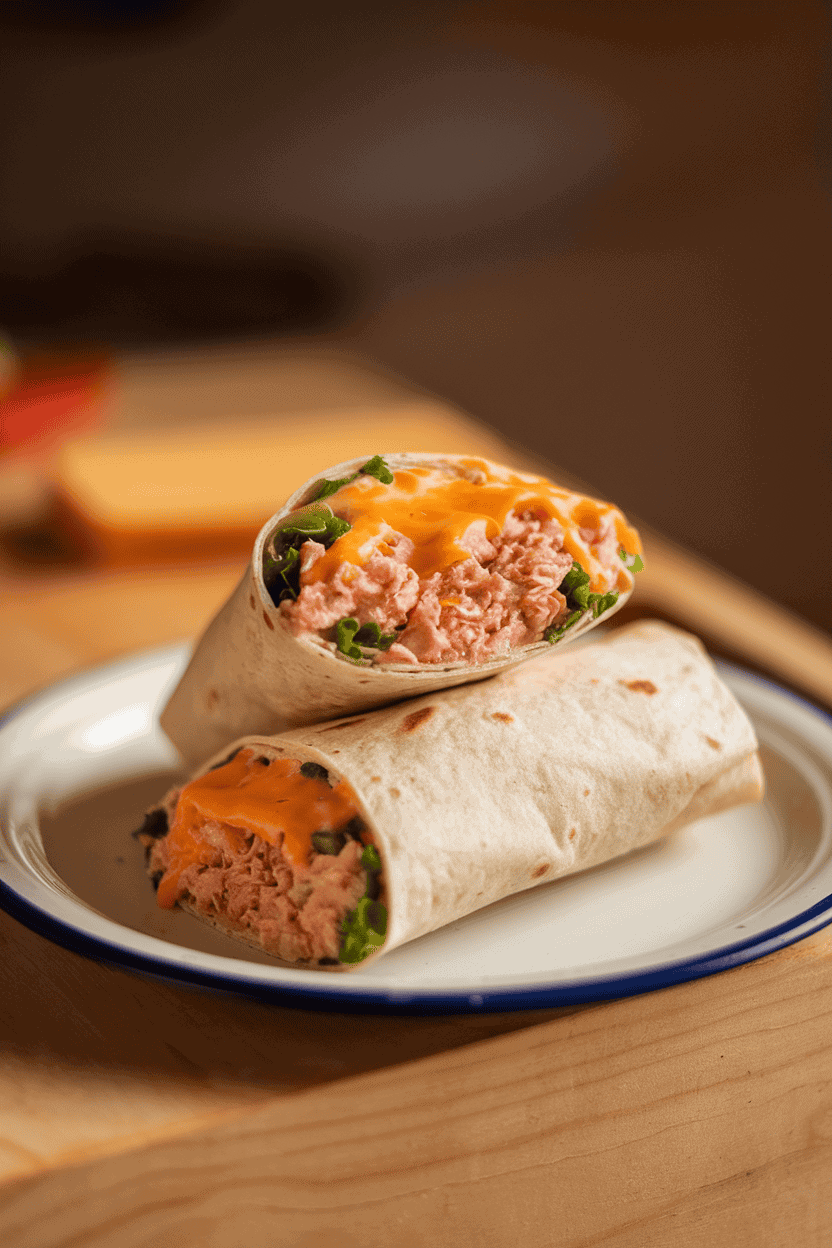 Photo of a halved tortilla wrap showing tuna salad and melted cheddar on an enamel plate indoors. Warm lighting; no text or logos.