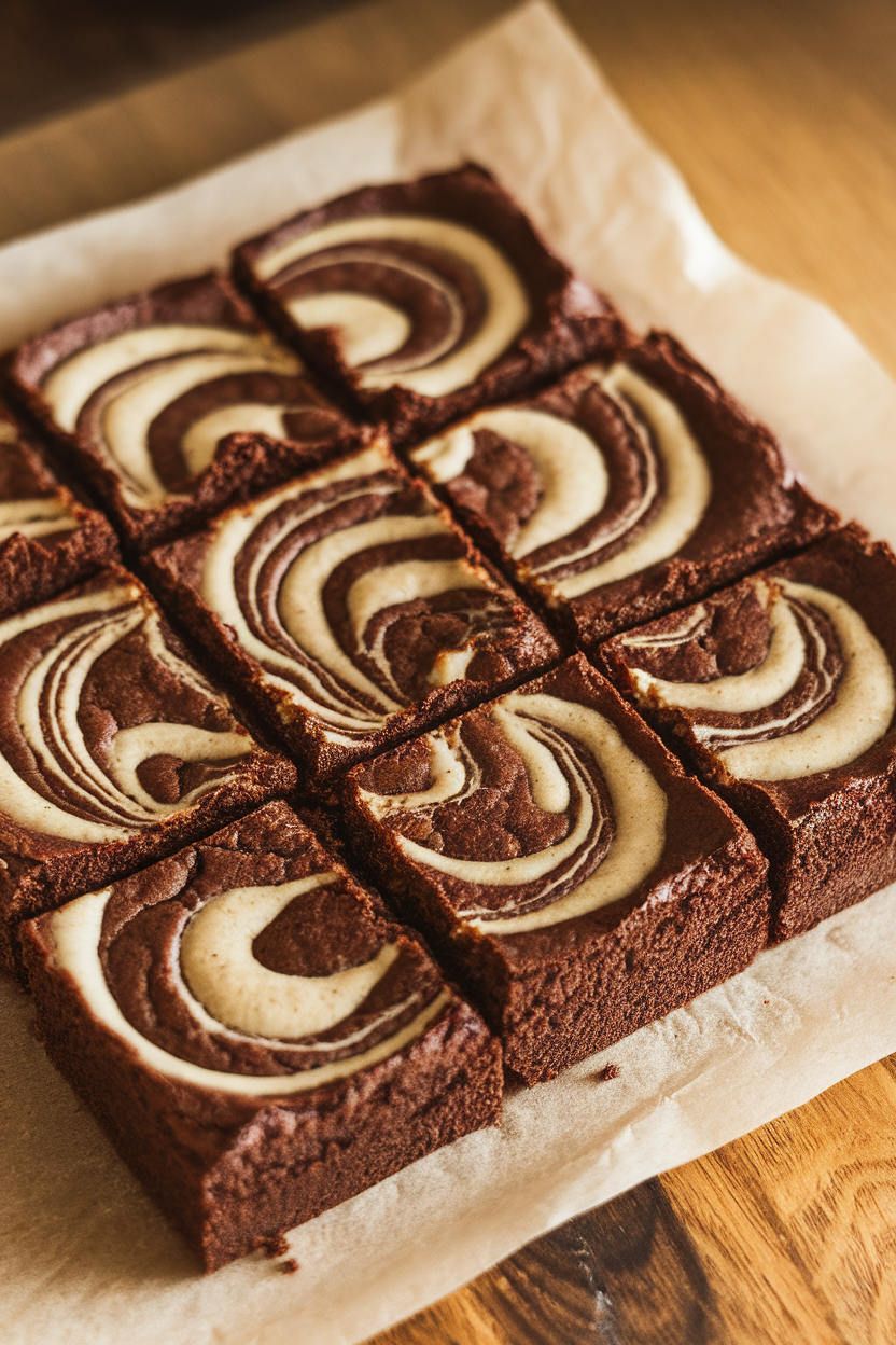 Indoor photo of fudgy brownie squares with visible swirls of tahini on top, arranged on parchment; warm lighting; no text or logos. Photo, not illustration.