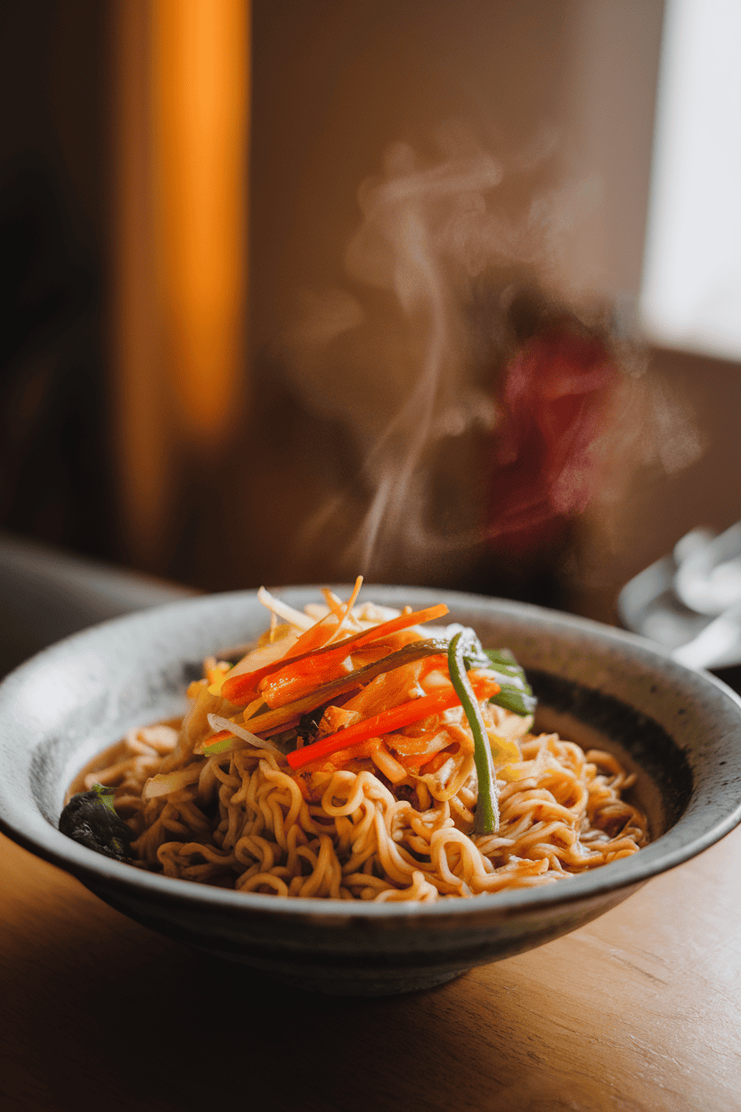Photo of a shallow bowl filled with cooked ramen noodles tossed with bright stir-fried vegetables and a light soy glaze, steam rising in cozy indoor lighting; no text or logos anywhere.