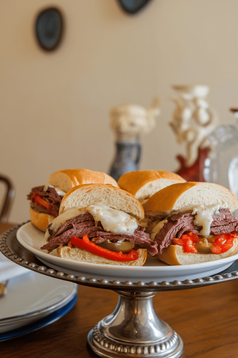 Indoor dining table showcasing mini rolls filled with sliced beef, sautéed peppers and onions, and melted provolone; no text or logos on serving tray.