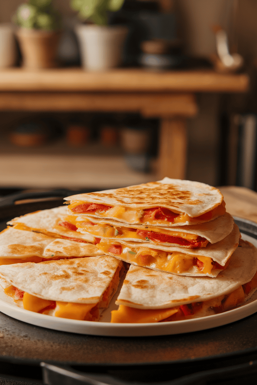 A warmly lit indoor griddle scene featuring cooked cheese and bell-pepper quesadillas cut into wedges, stacked on a platter. No text or logos present. Photo, not illustration.