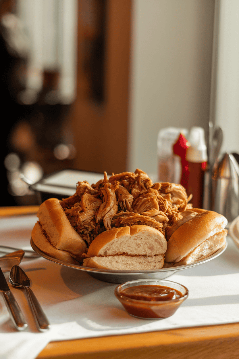A warmly lit indoor table with a platter of pulled chicken piled on soft buns, a small dish of barbecue sauce nearby, no visible text or logos.