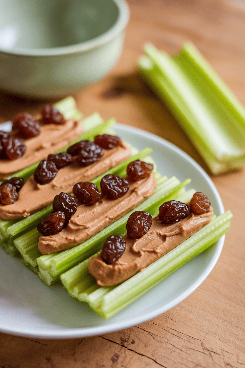 An indoor snack plate featuring crisp celery sticks filled with smooth peanut butter and dotted with raisins, arranged neatly. No logos or text. Photo only.