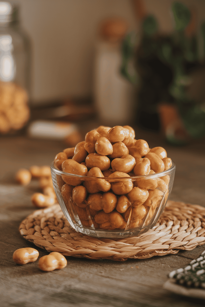 An indoor glass bowl of glossy honey-roasted peanuts on a rustic wood table, gentle side lighting, no text or logos.