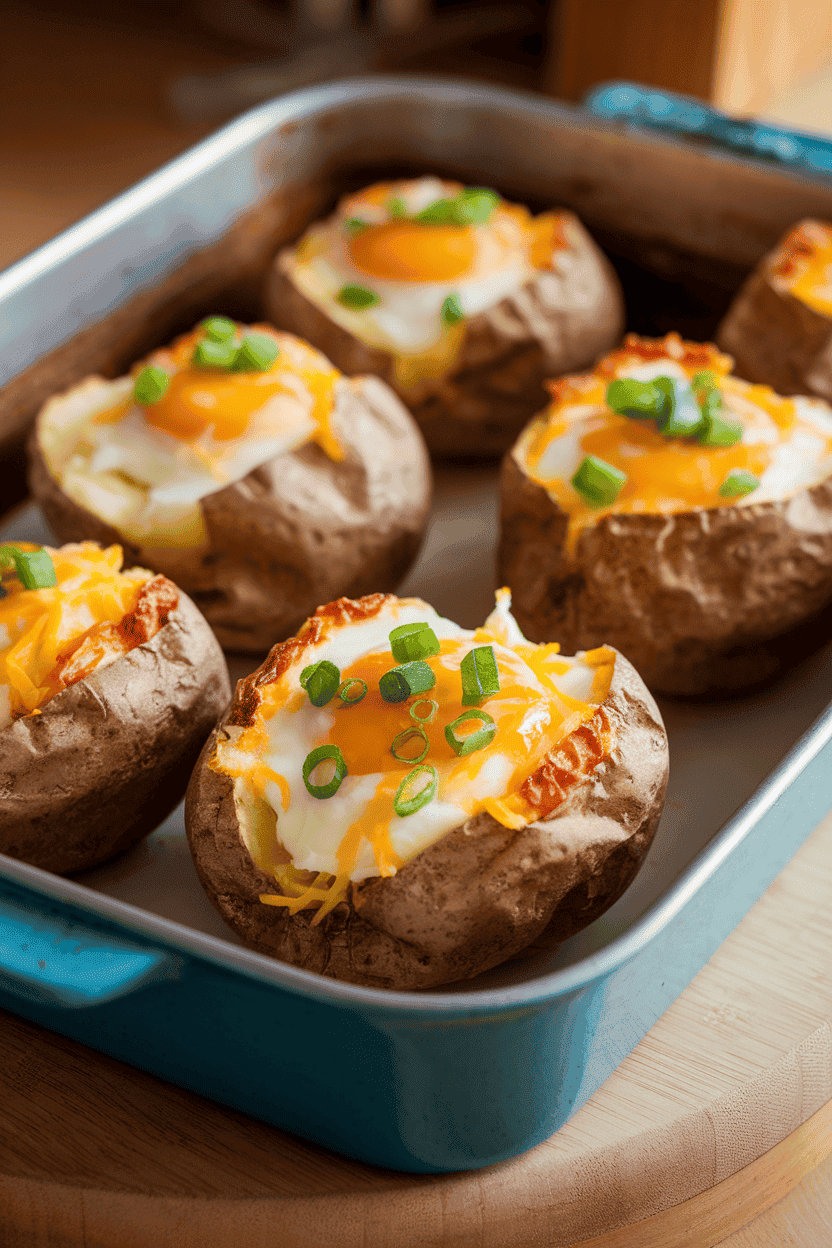 An indoor baking dish with halved baked potatoes, centers scooped and filled with egg and cheese, tops browned; no logos, cozy lighting. Photo, not illustration.