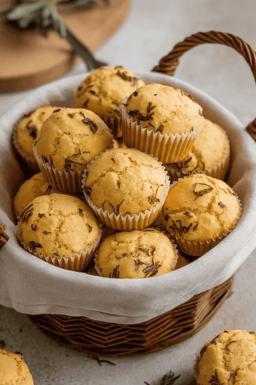 Indoor photo of mini cornbread muffins with herbs flecked throughout, arranged in a linen-lined basket. No logos or text.