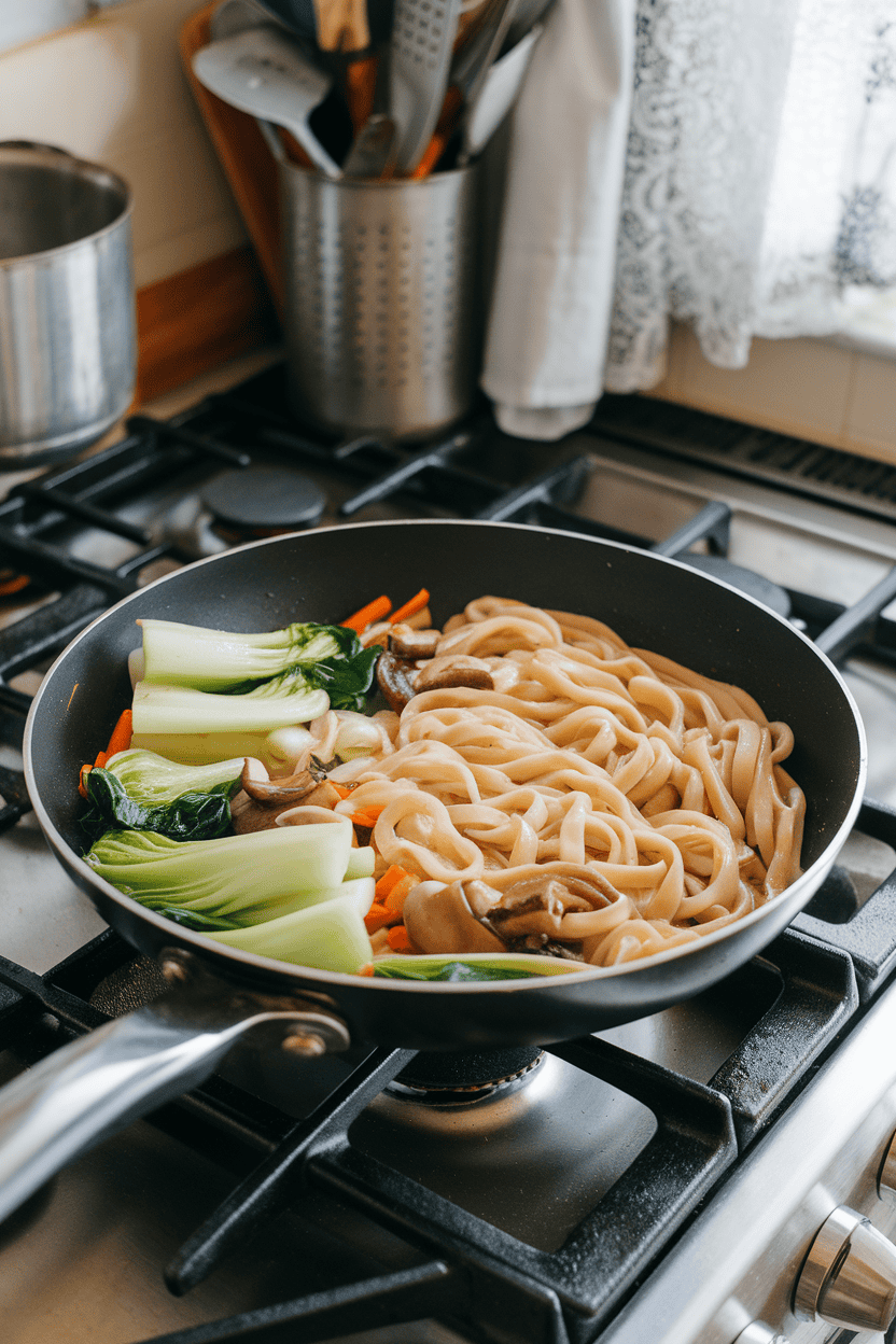 Indoor stovetop scene with thick udon noodles stir-fried alongside bok choy, mushrooms, and carrots, lightly coated in soy sauce. No text or logos, even light. Photo only.