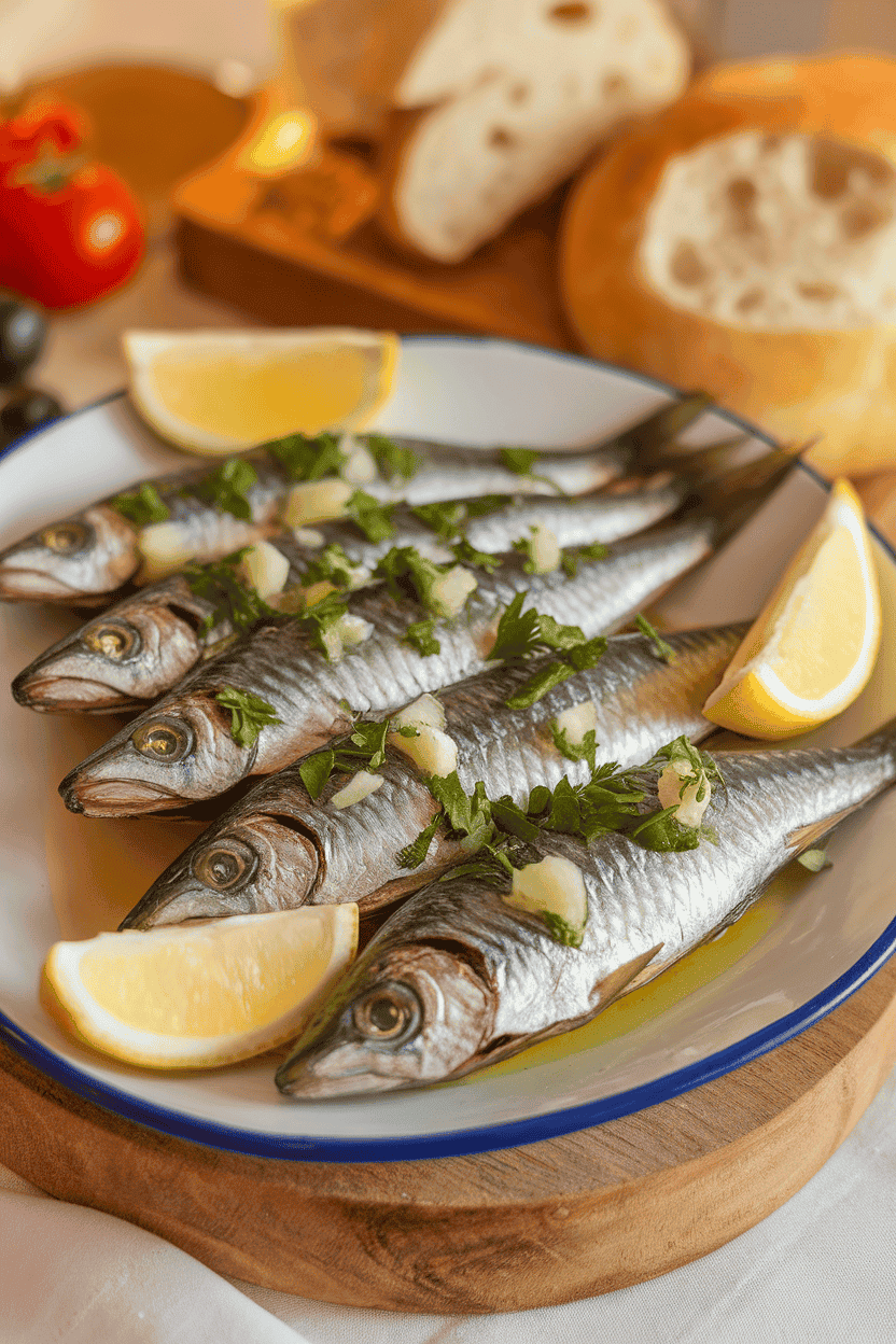 Indoor photo of a platter holding cooked sardines garnished with chopped parsley, garlic oil, and lemon wedges. No text or logos in scene.