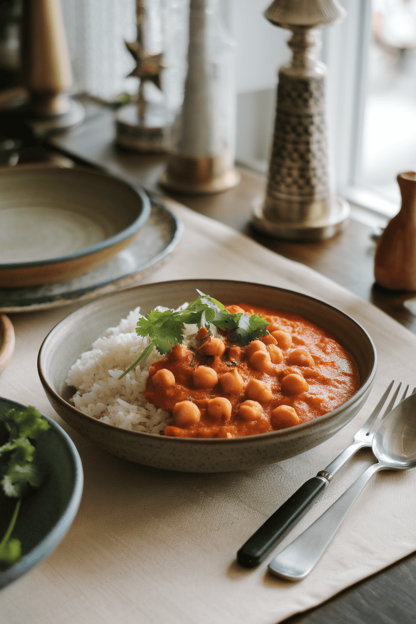 Photo, indoor dining table, a bowl of creamy chickpea curry in a tomato-coconut sauce, served over white rice; no text or logos.