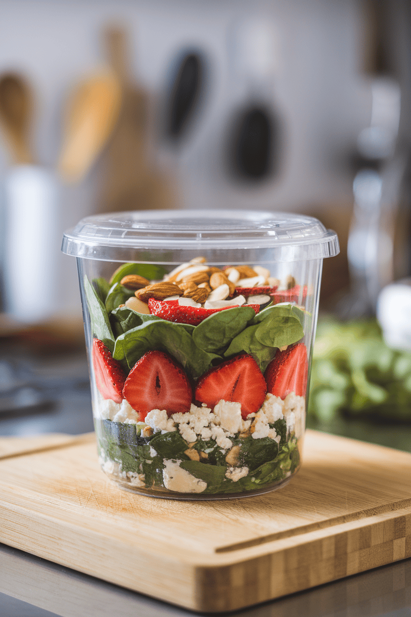 Indoor image of a clear salad container layered with baby spinach, sliced strawberries, feta crumbles, and almonds. No text or logos.