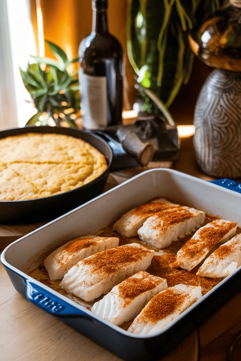 A warmly lit indoor table displaying a baking dish of cooked white fish fillets dusted with Cajun spices, served next to a skillet of golden cornbread, no logos.