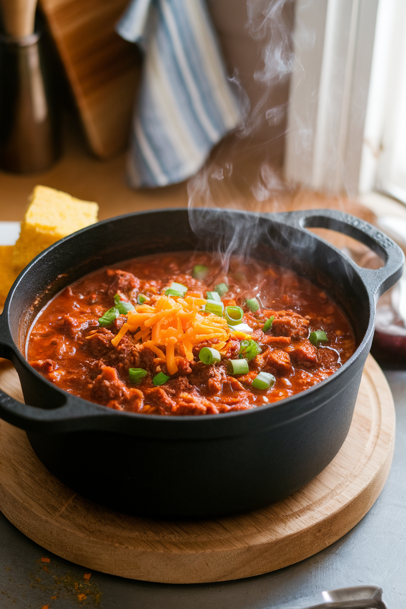 Indoor photo of a cast-iron pot filled with steaming beef chili topped with a sprinkle of cheddar and chopped scallions. No text or logos on cookware.