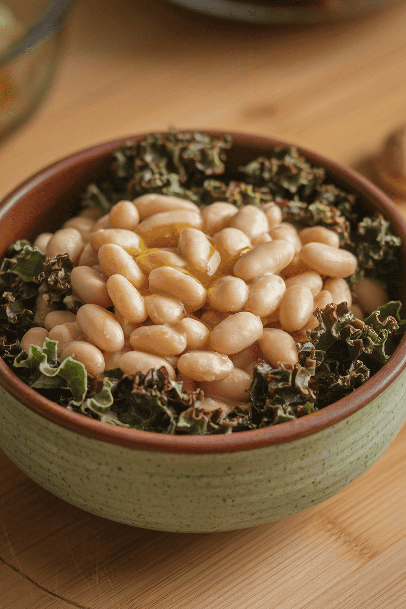 Indoor ceramic bowl filled with creamy cannellini beans, wilted kale, and a swirl of olive oil on top. No text or logos present.