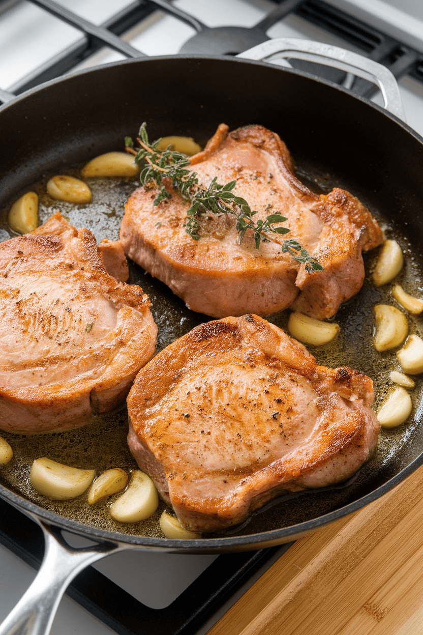 A skillet on an indoor stovetop featuring seared pork chops bathed in garlic butter with a sprig of thyme. No text or logos visible.