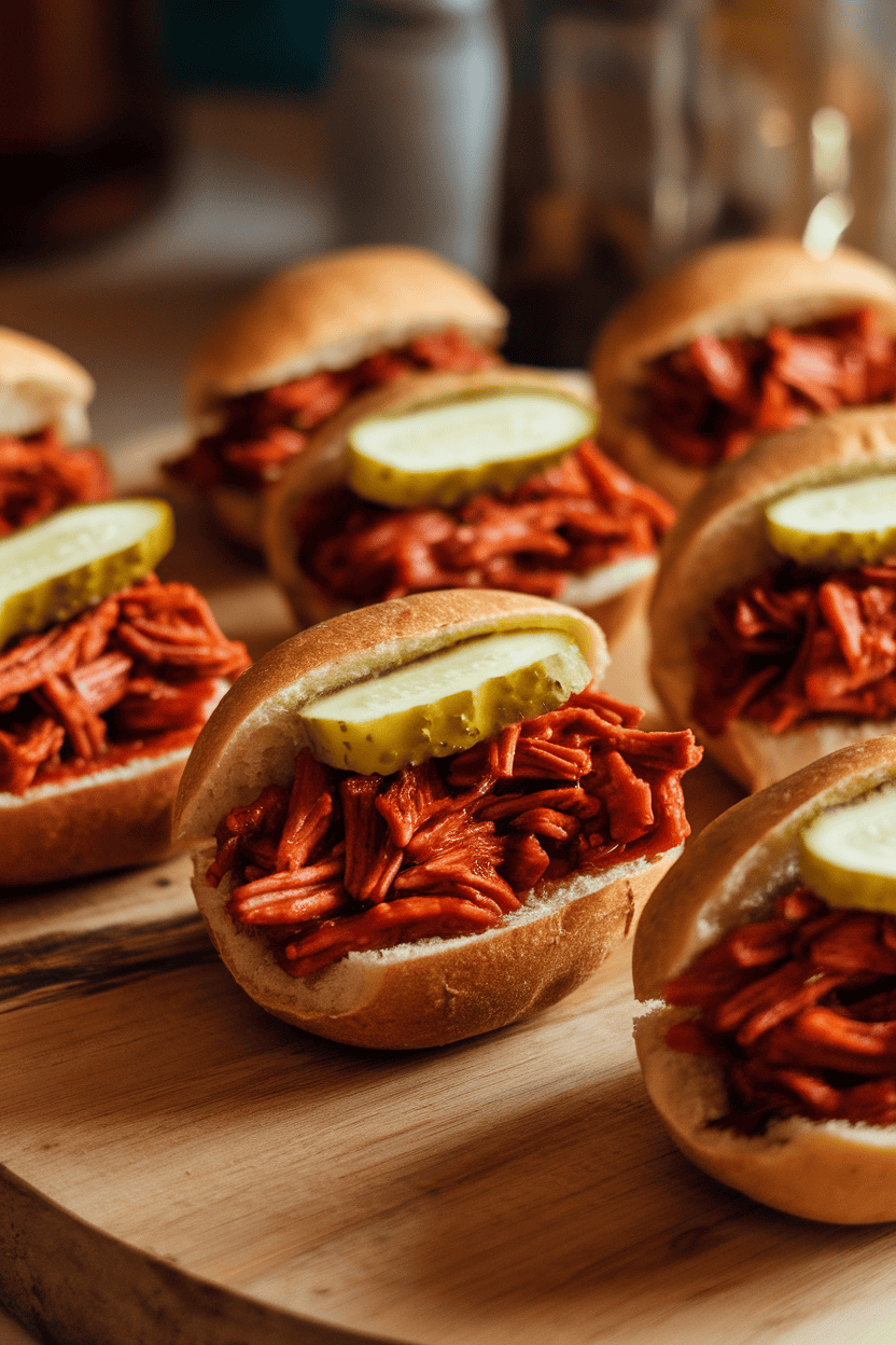 Indoor photo of small potato rolls filled with saucy BBQ jackfruit shreds, a pickle slice atop each. Warm lighting, no visible branding.