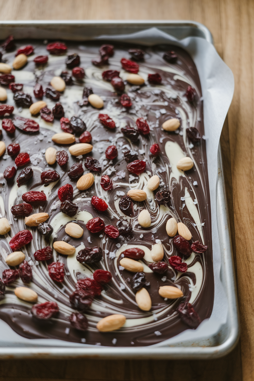 An indoor sheet pan covered with swirled dark and white chocolate studded with almonds and dried cranberries. Photo, no text or logos.