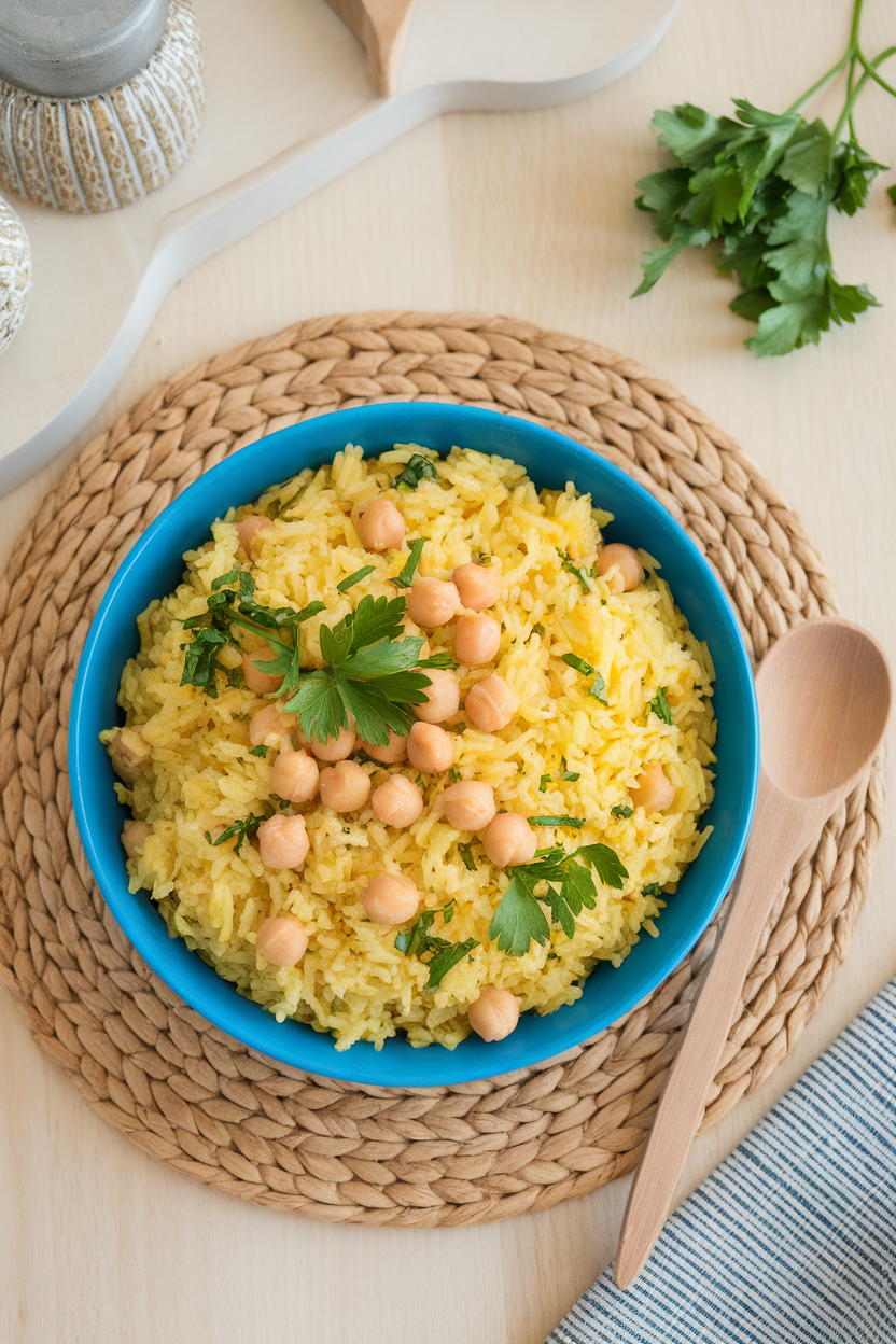 Indoor photo of a bright bowl of lemon herb rice dotted with chickpeas and parsley, placed on a light wooden table. No text or branding.