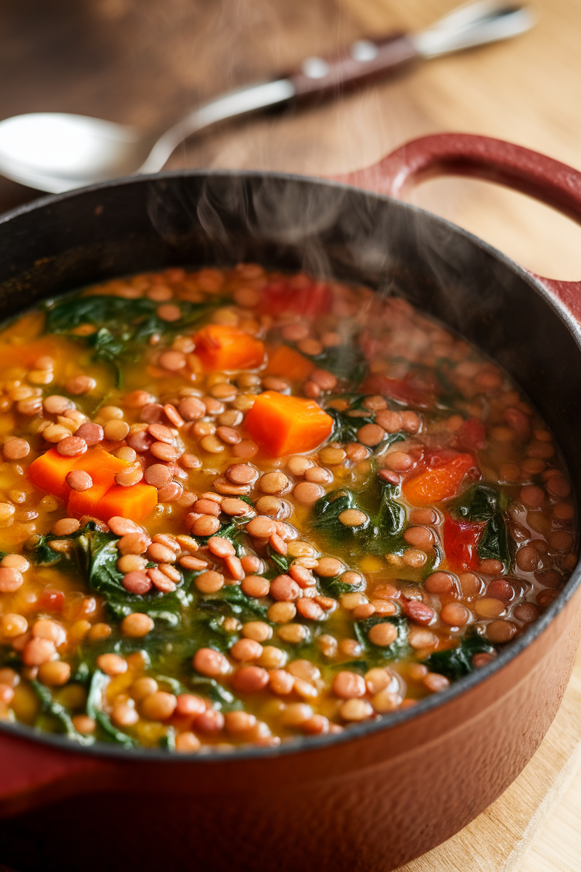 Indoor photo of a colorful lentil soup—orange carrots, green spinach, and red tomatoes—in a cast-iron pot, steam visible. No text or logos present.