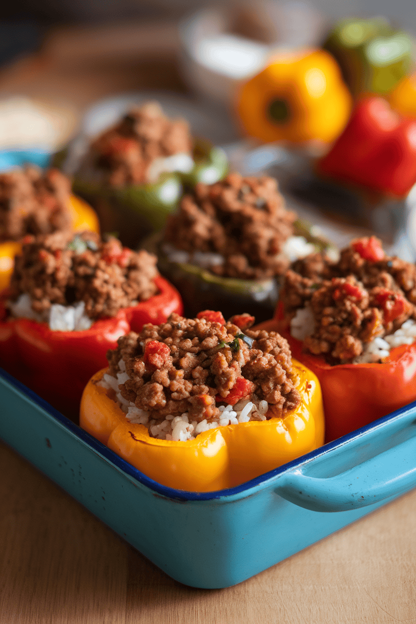 An indoor baking dish holding colorful bell peppers stuffed with seasoned ground meat, rice, and tomato, their tops slightly charred. No text or logos. Photo, not illustration.