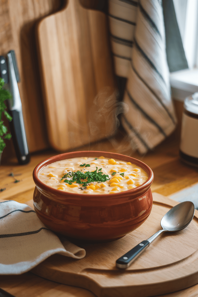 A warm indoor kitchen counter scene showing a ceramic bowl of creamy corn and crab chowder topped with chopped parsley. Steam rises gently; no text or logos present.