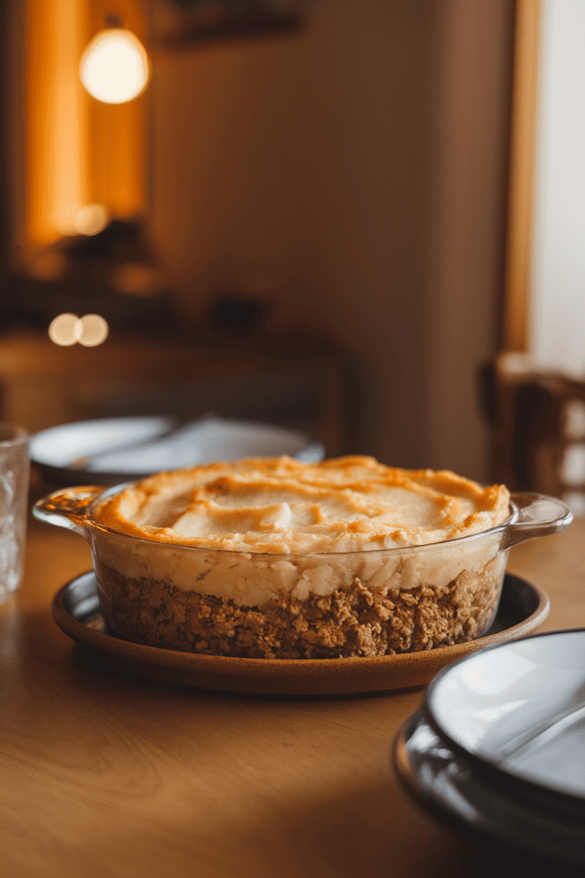 Indoor dining table presenting a casserole dish of cottage pie—savory ground turkey filling beneath a golden mashed potato topping. No logos or text, cozy lighting. Photo only.