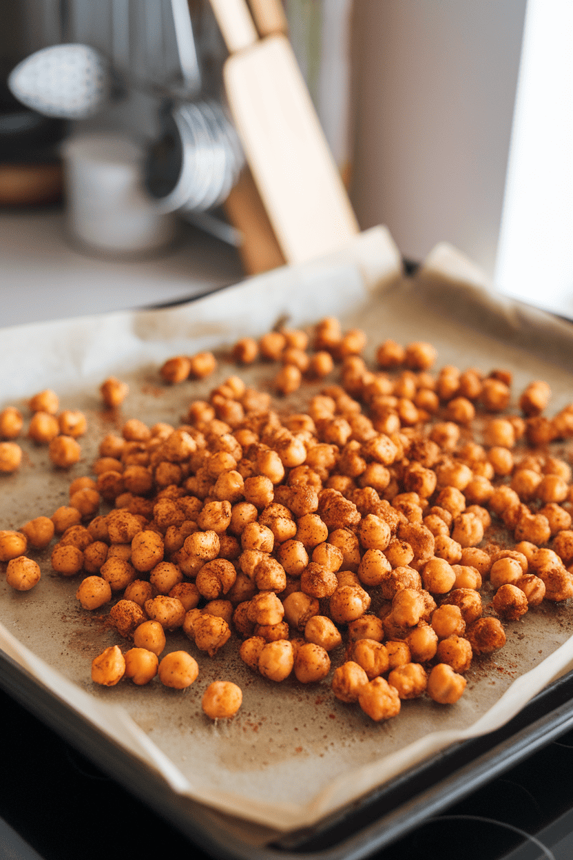 A baking tray on an indoor kitchen counter filled with golden, seasoned roasted chickpeas resting on parchment paper, light catching their crunchy surfaces. No text or logos. Photo, not illustration.