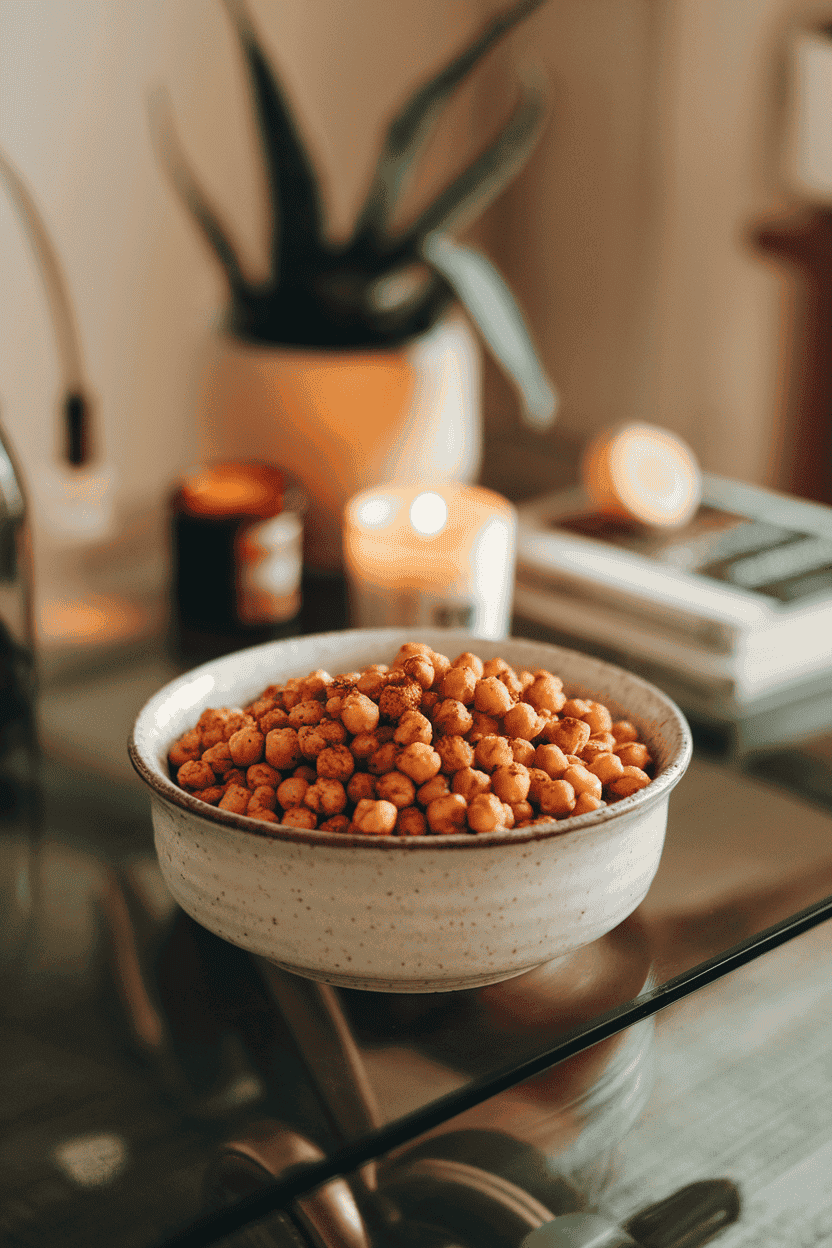 A white ceramic bowl of roasted chickpeas seasoned with paprika and cumin on an indoor coffee table; no text or logos. Photo, not illustration.