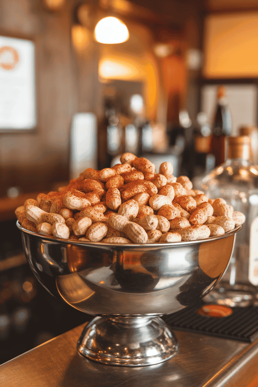 A metal bowl of shell-on peanuts dusted with reddish Cajun seasoning on an indoor bar top; no text or logos. Photo, not illustration.