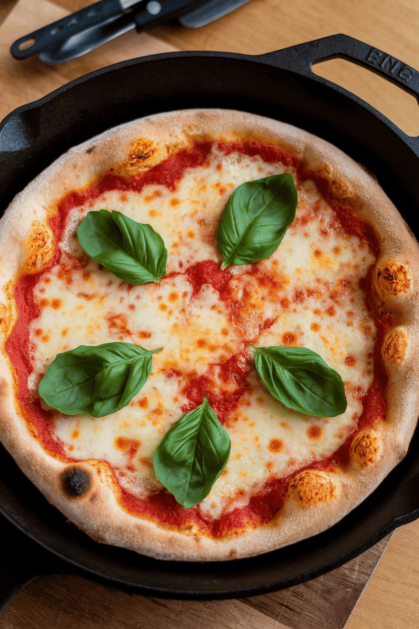 Photo of a personal-sized cooked pizza with bubbling cheese and basil leaves in a cast-iron skillet indoors. No logos or text anywhere.
