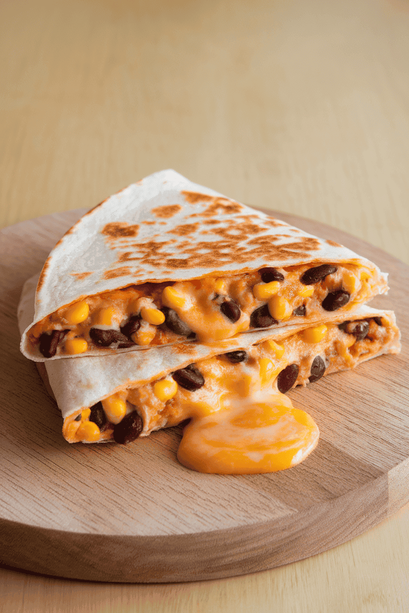 Indoor photo of a folded quesadilla wedge with black bean, corn, and melted cheese spilling slightly, no text or logos.