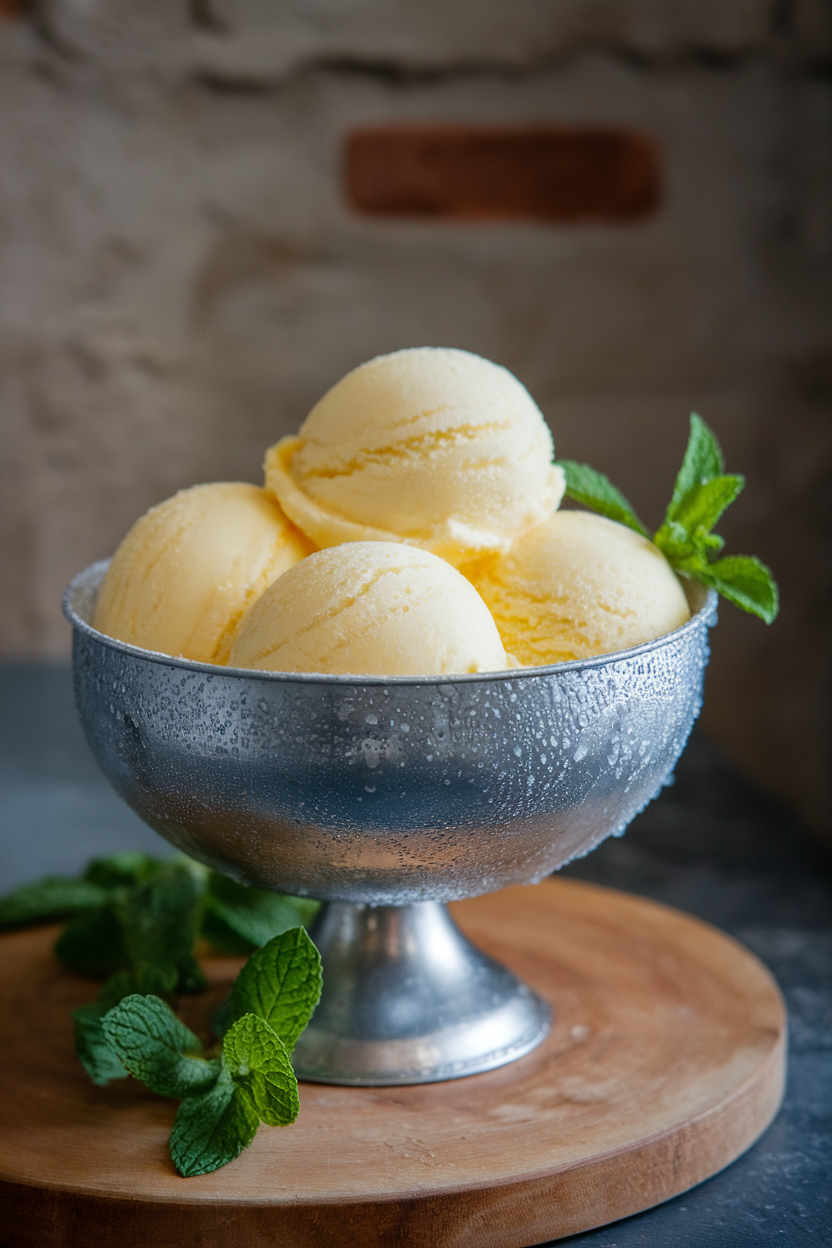 Indoor photo of a frosty metal bowl holding scoops of pale yellow lemon sorbet, condensation on the bowl; sprig of mint for color; no text or logos. Photo, not illustration.