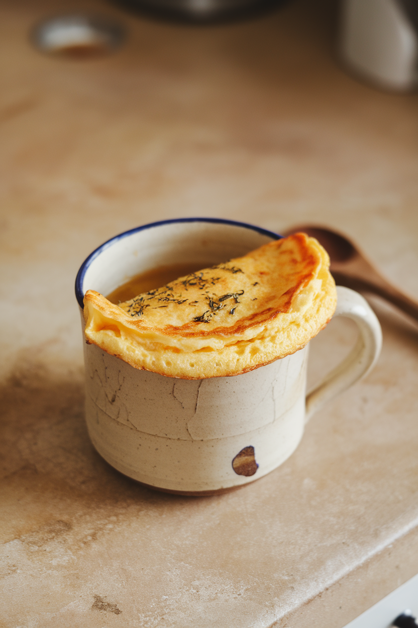 A plain ceramic mug on an indoor countertop showing a fluffy cooked egg omelet peeking over the rim, no text or logos.