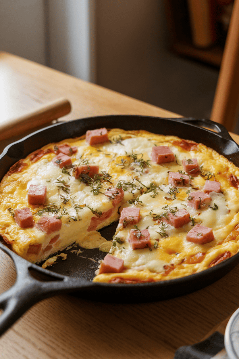 Warmly lit indoor table with a skillet frittata sliced to reveal cubes of ham and melted Swiss, fresh herbs sprinkled on top; no text or logos present.