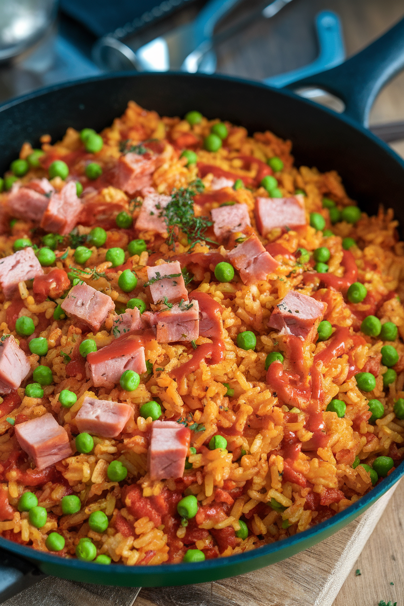 Indoor photo of a skillet filled with reddish curry ketchup rice dotted with peas and diced leftover ham. No logos or text visible.
