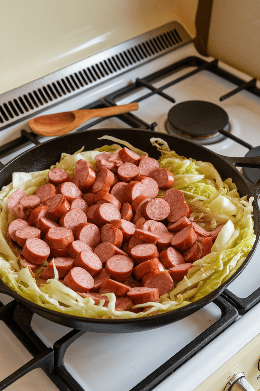 An indoor stovetop showing a skillet filled with sliced sausage, wilted cabbage, and onion ribbons, lightly browned. Photo only; no text or logos.