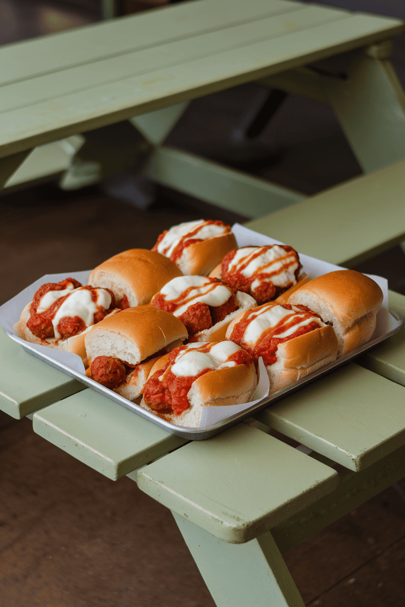 Photo of a small indoor picnic-style table holding a tray of slider-sized meatball subs nestled in soft rolls, marinara peeking through melted mozzarella. No text or logos visible.
