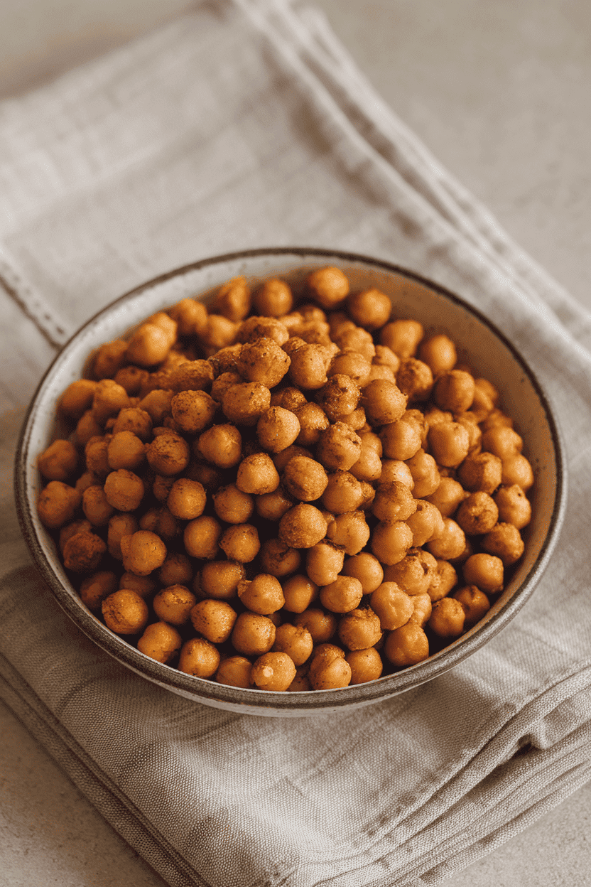 A shallow indoor bowl filled with golden roasted chickpeas coated in visible spices, placed on a linen napkin. Diffused daylight; no text or logos; photo, not illustration.
