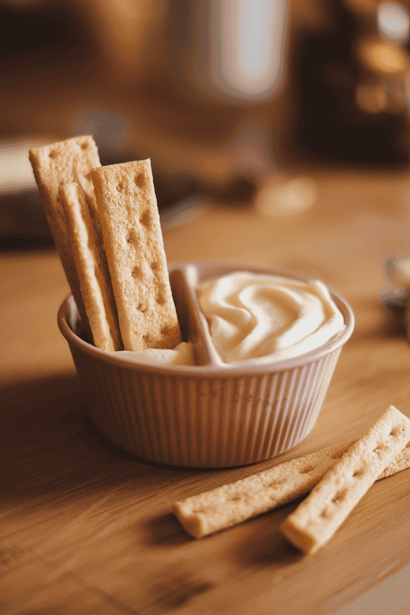 An indoor tabletop showing a divided snack cup where graham sticks stand upright beside creamy vanilla frosting for dipping. Warm lighting, no text or logos.