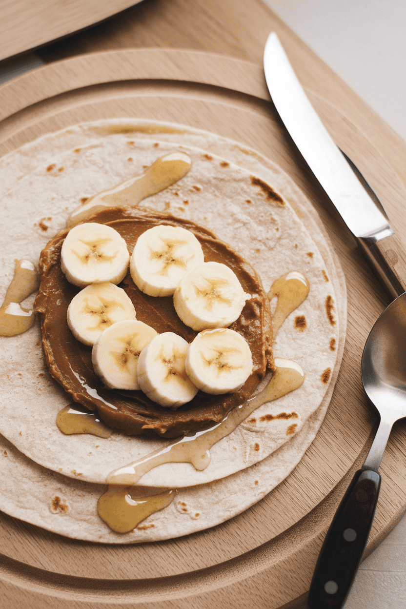 A well-lit indoor counter with a tortilla wrapped around almond butter, sliced bananas, and a drizzle of honey. No text or logos. Photo, not illustration.
