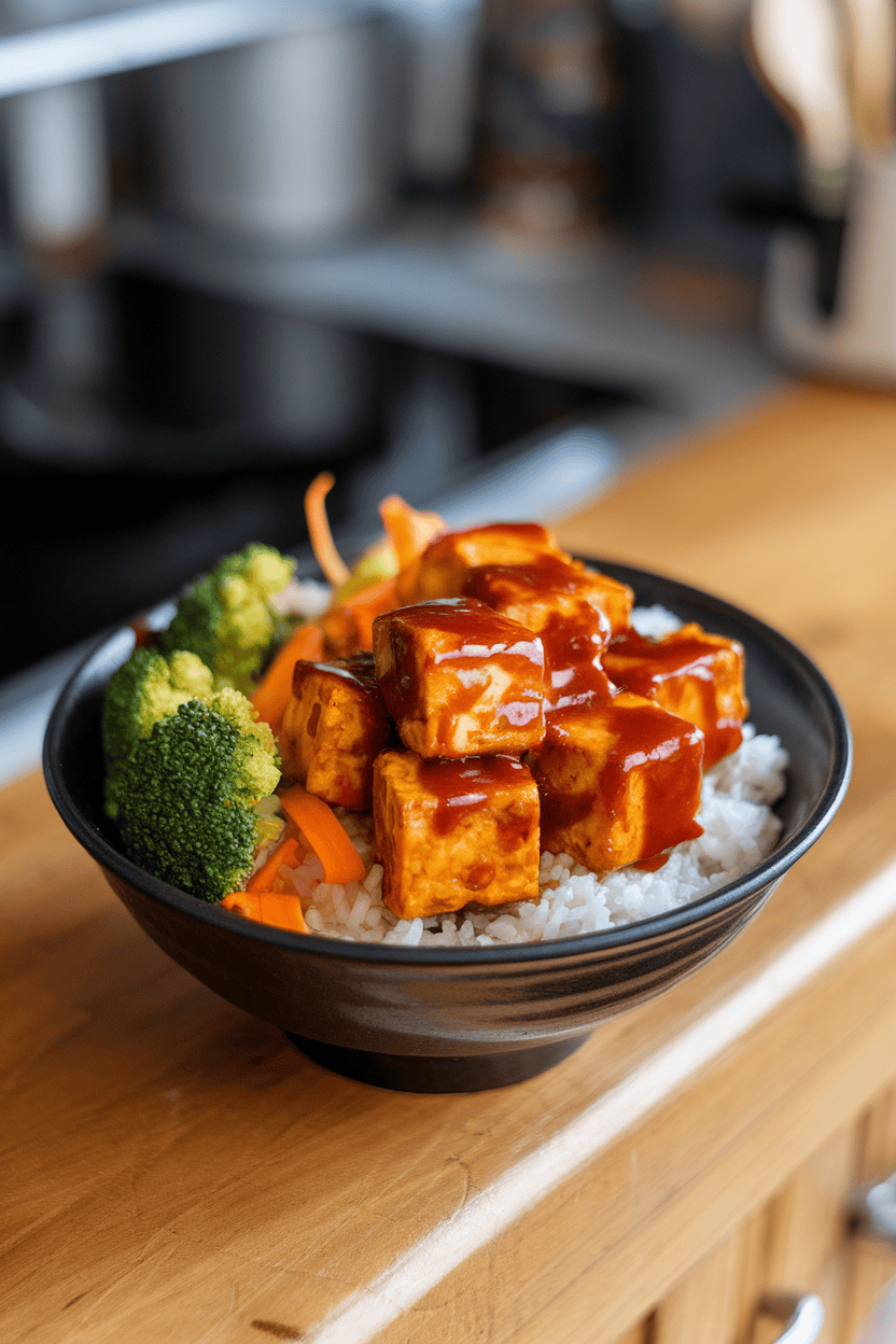 Indoor counter featuring a bowl of steamed rice topped with crispy baked tofu cubes glazed in teriyaki sauce, alongside broccoli and carrot ribbons; no logos, photo depiction.