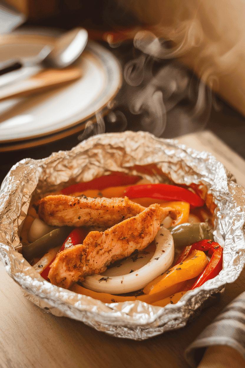 An indoor scene with an opened foil packet showing cooked chicken strips, bell peppers, and onions, steam visible—photo, no text or logos.