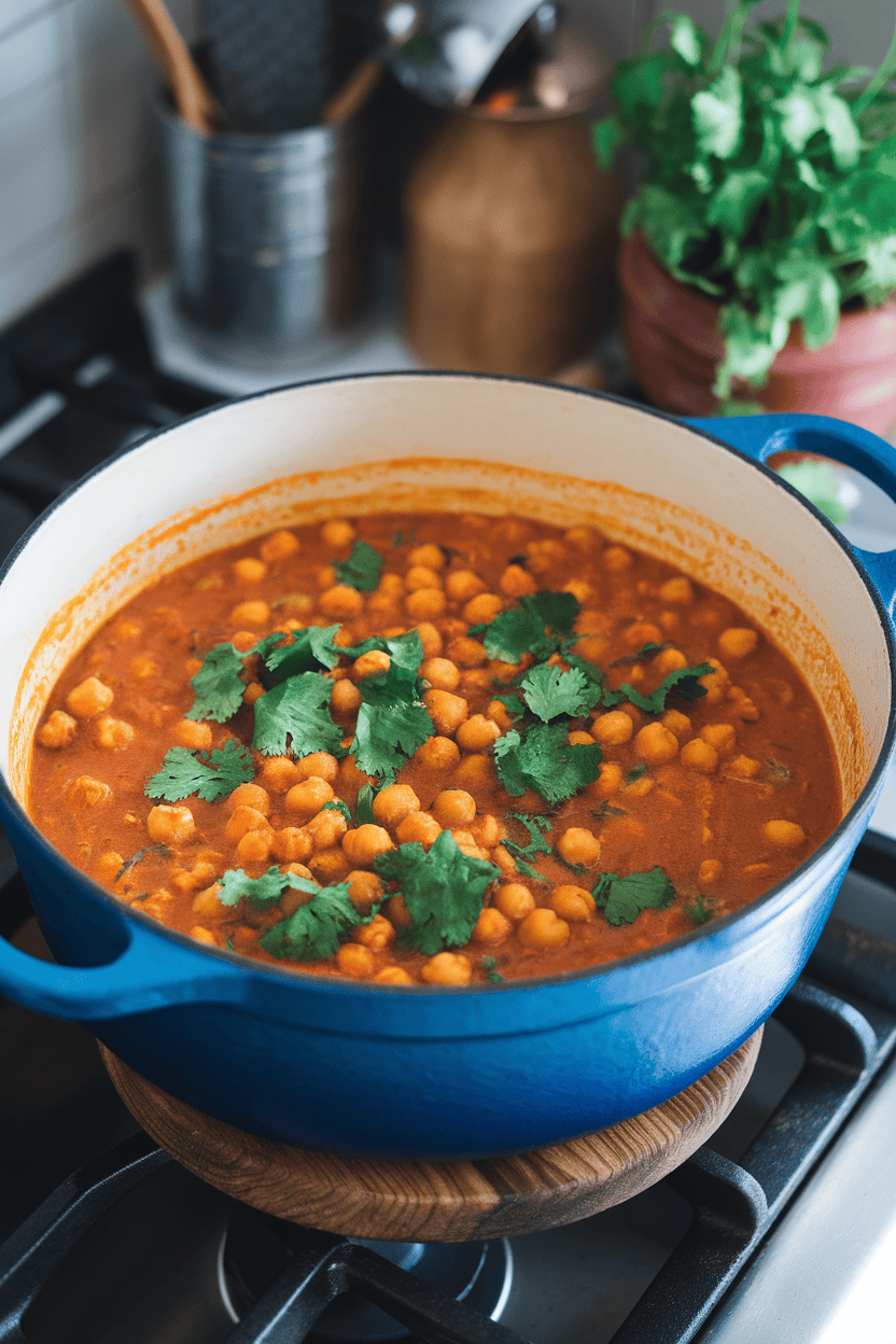 An indoor stovetop view of a Dutch oven filled with chickpea curry in a tomato coconut sauce, garnished with cilantro. No brand names or text.