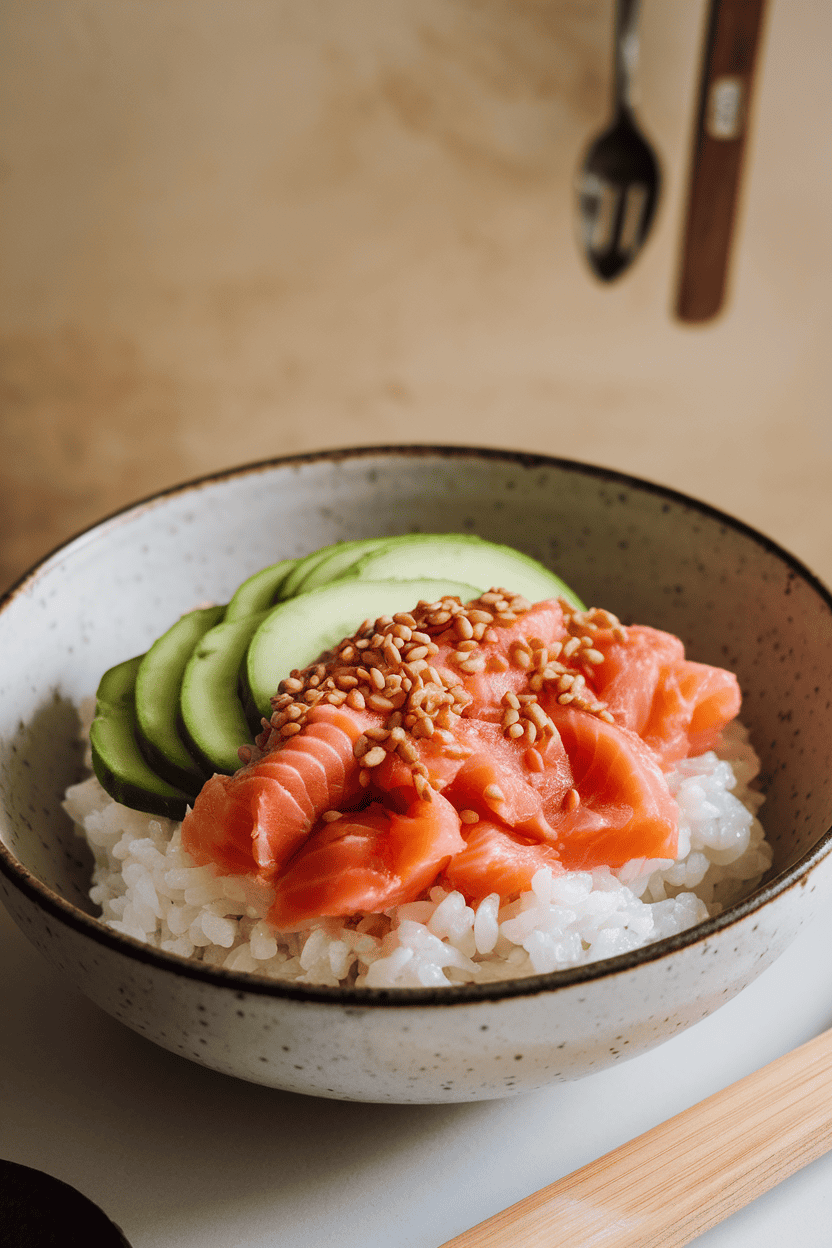Indoor photo of a bowl of seasoned sushi rice topped with cooked flaked salmon, avocado slices, cucumber rounds, and sesame seeds. No logos or text.