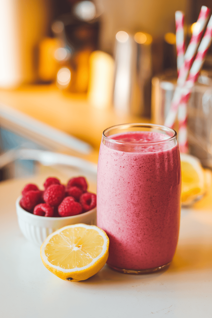 An indoor breakfast bar featuring a bright pink smoothie, lemon half squeezed beside, and a small bowl of raspberries. Photo, no text or logos.