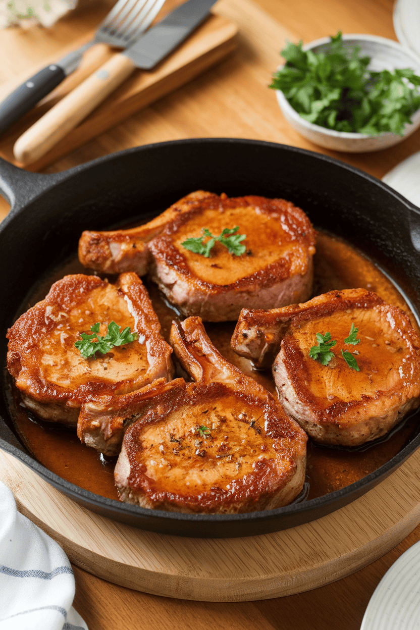 Warm indoor dining room table with a skillet of browned pork chops glazed in glossy honey-garlic sauce, garnished with parsley; no text or logos.