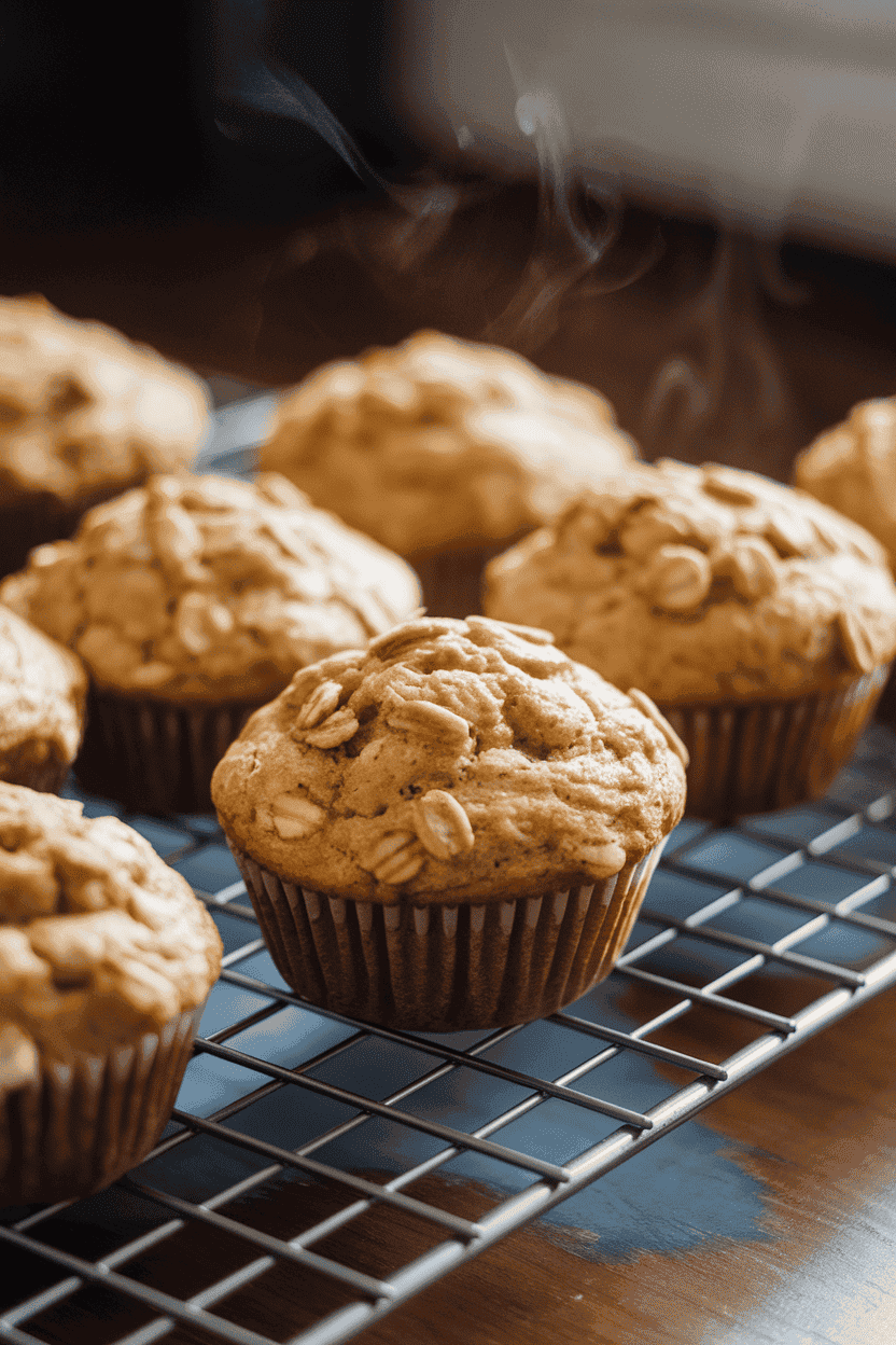 An indoor cooling rack holding banana oat protein muffins, tops golden and slightly domed, steam faintly visible. No brand names or text.