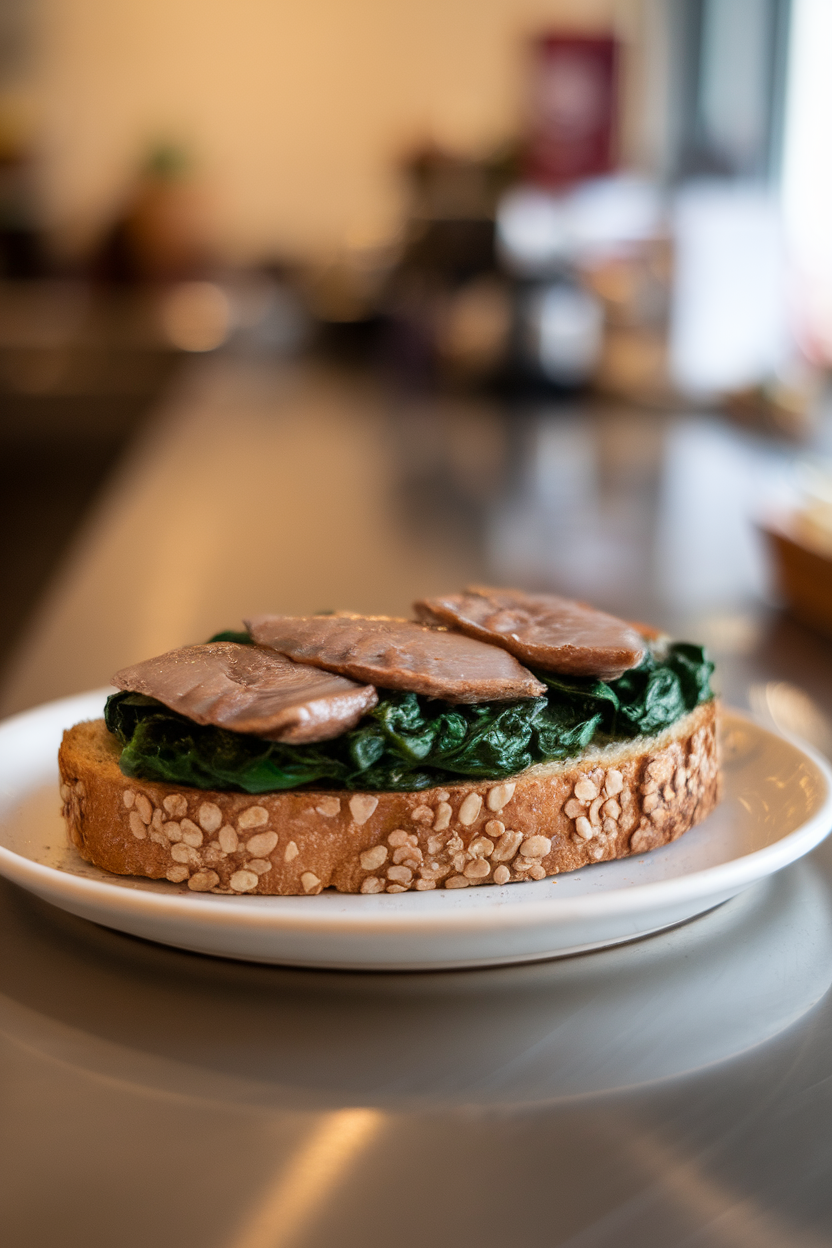 Photo — an indoor cafe-style countertop featuring a slice of toasted whole-grain bread topped with cooked canned sardine fillets and sautéed spinach. Warm natural light; no text or logos.