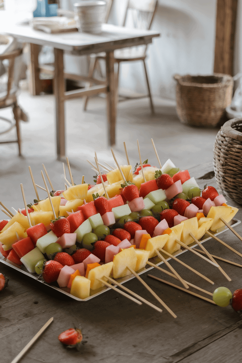 An indoor platter lined with alternating chunks of pineapple, strawberries, melon, and grapes threaded onto wooden skewers. Photo, not illustration. No text or logos.